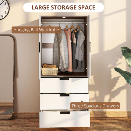 Two Door Two Drawer Wardrobe with Brown Accents - White/Brown