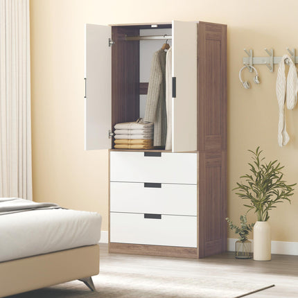 Two Door Two Drawer Wardrobe with Brown Accents - White/Brown