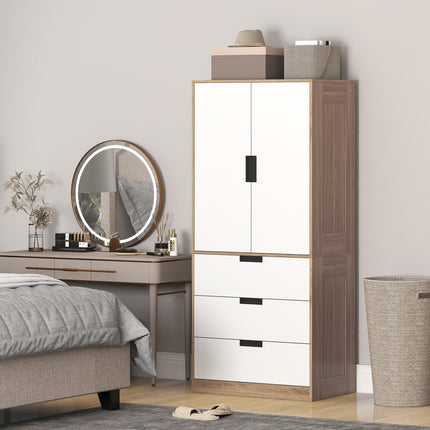 Two Door Two Drawer Wardrobe with Brown Accents - White/Brown
