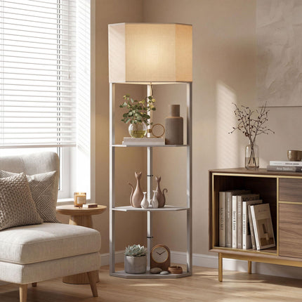Corner Floor Lamp with Shelves and Pull Chain Switch for Living Room - Grey