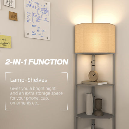 Corner Floor Lamp with Shelves and Pull Chain Switch for Living Room - Grey