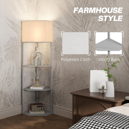 Corner Floor Lamp with Shelves and Pull Chain Switch for Living Room - Grey