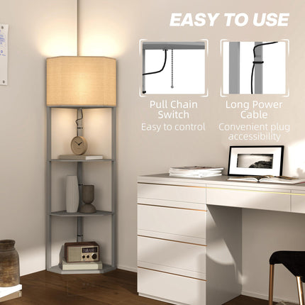 Corner Floor Lamp with Shelves and Pull Chain Switch for Living Room - Grey