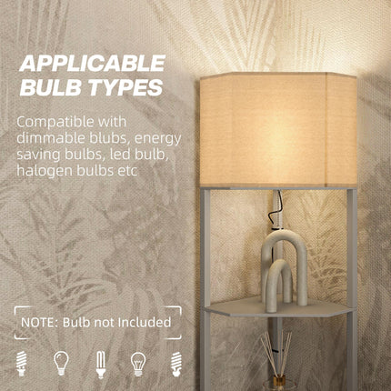 Corner Floor Lamp with Shelves and Pull Chain Switch for Living Room - Grey