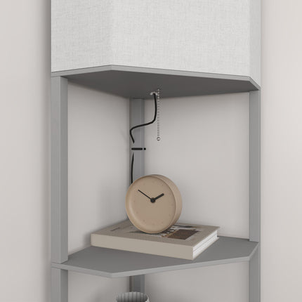 Corner Floor Lamp with Shelves and Pull Chain Switch for Living Room - Grey
