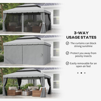 3 x 4m Aluminium Garden Gazebo with Nets and Curtains - Light Grey