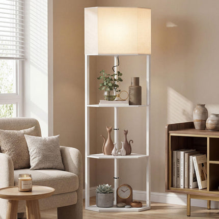 Three-Shelf Corner Floor Lamp with Storage Shelves - White