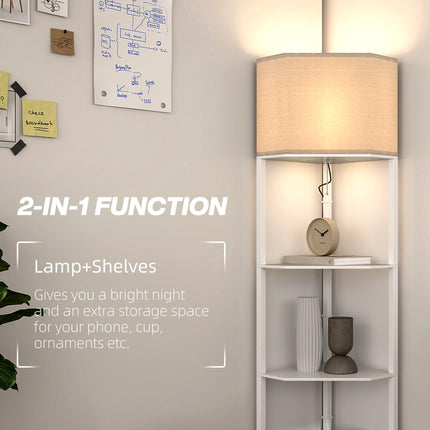 Three-Shelf Corner Floor Lamp with Storage Shelves - White