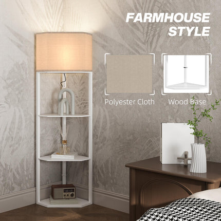 Three-Shelf Corner Floor Lamp with Storage Shelves - White