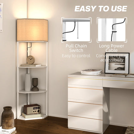 Three-Shelf Corner Floor Lamp with Storage Shelves - White