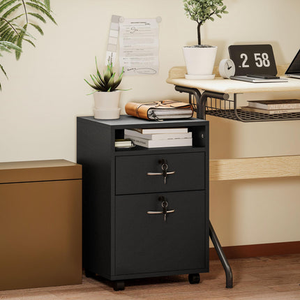 60cm Mobile Filing Cabinet with Drawer, Open Shelf, Locks & Wheels - Black