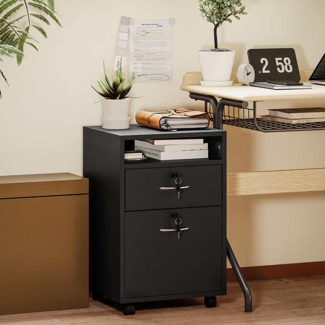 60cm Mobile Filing Cabinet with Drawer, Open Shelf, Locks & Wheels - Black