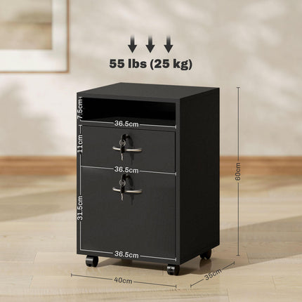 60cm Mobile Filing Cabinet with Drawer, Open Shelf, Locks & Wheels - Black
