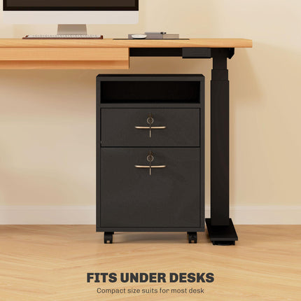 60cm Mobile Filing Cabinet with Drawer, Open Shelf, Locks & Wheels - Black