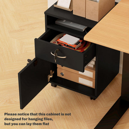 60cm Mobile Filing Cabinet with Drawer, Open Shelf, Locks & Wheels - Black