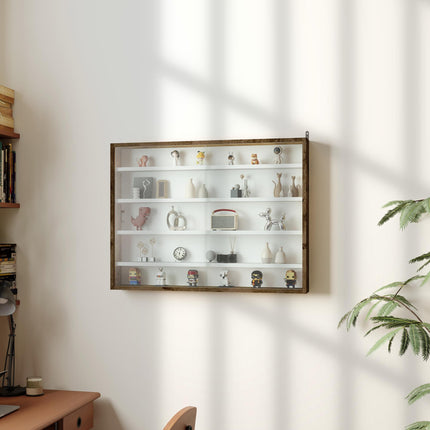 5-Tier Wall Display Shelf Cabinet with 4 Adjustable Shelves and Glass Doors 60x80cm - Rustic Brown