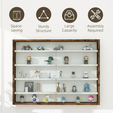 5-Tier Wall Display Shelf Cabinet with 4 Adjustable Shelves and Glass Doors 60x80cm - Rustic Brown