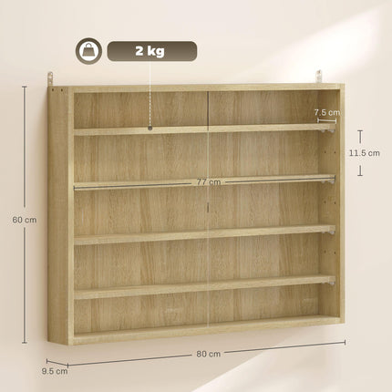 5-Tier Wall Display Shelf Cabinet with 4 Adjustable Shelves and Glass Doors 60x80cm - Oak