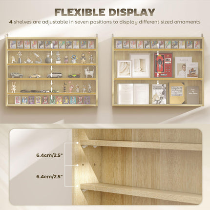 5-Tier Wall Display Shelf Cabinet with 4 Adjustable Shelves and Glass Doors 60x80cm - Oak