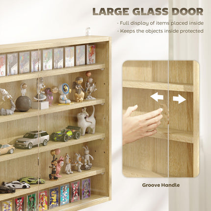 5-Tier Wall Display Shelf Cabinet with 4 Adjustable Shelves and Glass Doors 60x80cm - Oak
