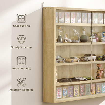 5-Tier Wall Display Shelf Cabinet with 4 Adjustable Shelves and Glass Doors 60x80cm - Oak