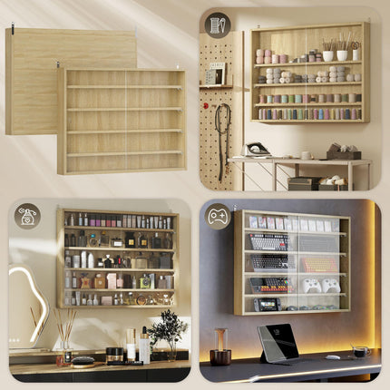 5-Tier Wall Display Shelf Cabinet with 4 Adjustable Shelves and Glass Doors 60x80cm - Oak