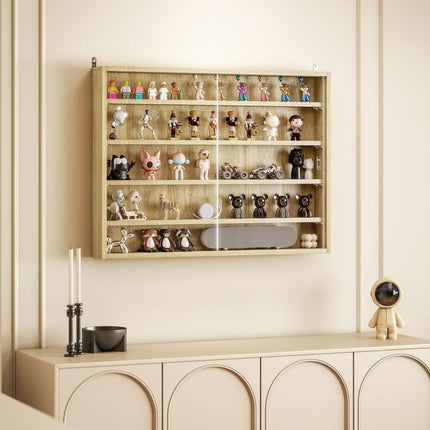 5-Tier Wall Display Shelf Cabinet with 4 Adjustable Shelves and Glass Doors 60x80cm - Oak