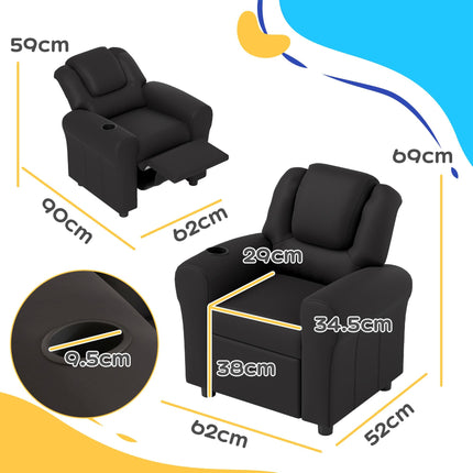 Kids Recliner Chair with Adjustable Backrest, Footrest & Cup Holder - Black PU Leather