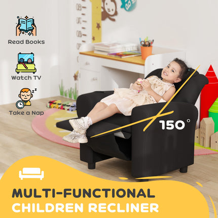 Kids Recliner Chair with Adjustable Backrest, Footrest & Cup Holder - Black PU Leather