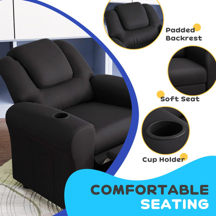 Kids Recliner Chair with Adjustable Backrest, Footrest & Cup Holder - Black PU Leather
