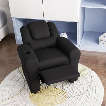 Kids Recliner Chair with Adjustable Backrest, Footrest & Cup Holder - Black PU Leather