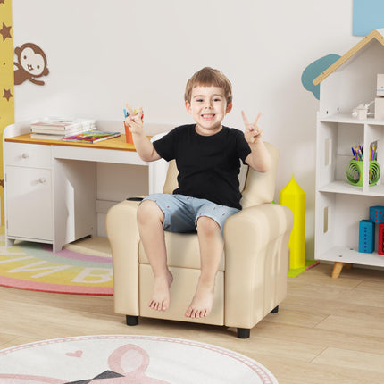 Kids Recliner Chair with 150° Adjustable Backrest, Footrest & Cup Holder - Beige PU Leather