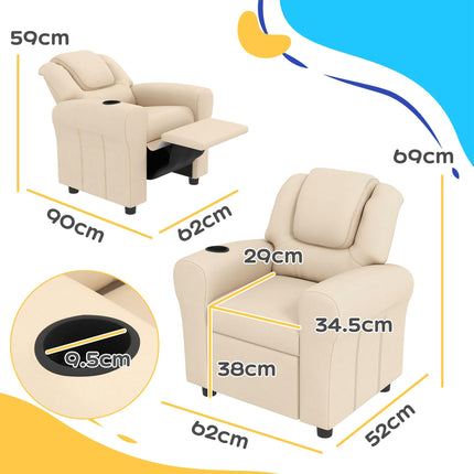 Kids Recliner Chair with 150° Adjustable Backrest, Footrest & Cup Holder - Beige PU Leather
