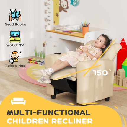 Kids Recliner Chair with 150° Adjustable Backrest, Footrest & Cup Holder - Beige PU Leather