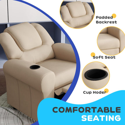 Kids Recliner Chair with 150° Adjustable Backrest, Footrest & Cup Holder - Beige PU Leather