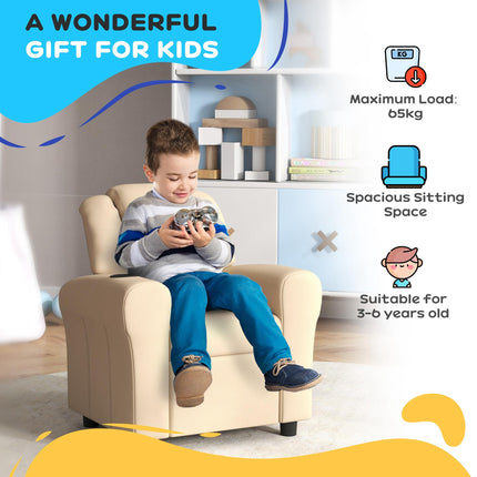 Kids Recliner Chair with 150° Adjustable Backrest, Footrest & Cup Holder - Beige PU Leather