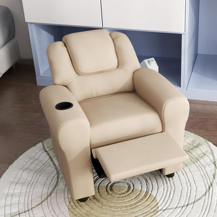 Kids Recliner Chair with 150° Adjustable Backrest, Footrest & Cup Holder - Beige PU Leather