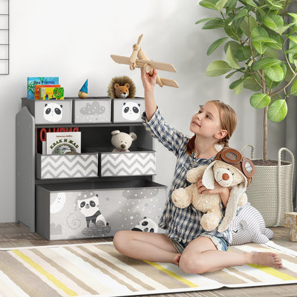 6 Piece Kids Storage Unit with Fabric Bins Organiser for Toys and Books - Grey