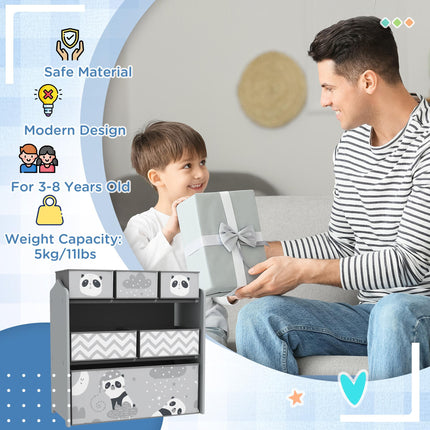 6 Piece Kids Storage Unit with Fabric Bins Organiser for Toys and Books - Grey