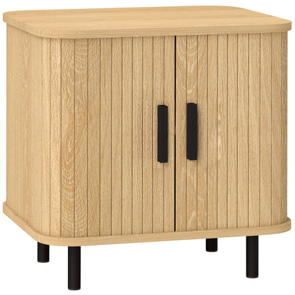 Nordic Bedside Table with Roller Shutter Sliding Doors and Metal Legs - Oak Tone