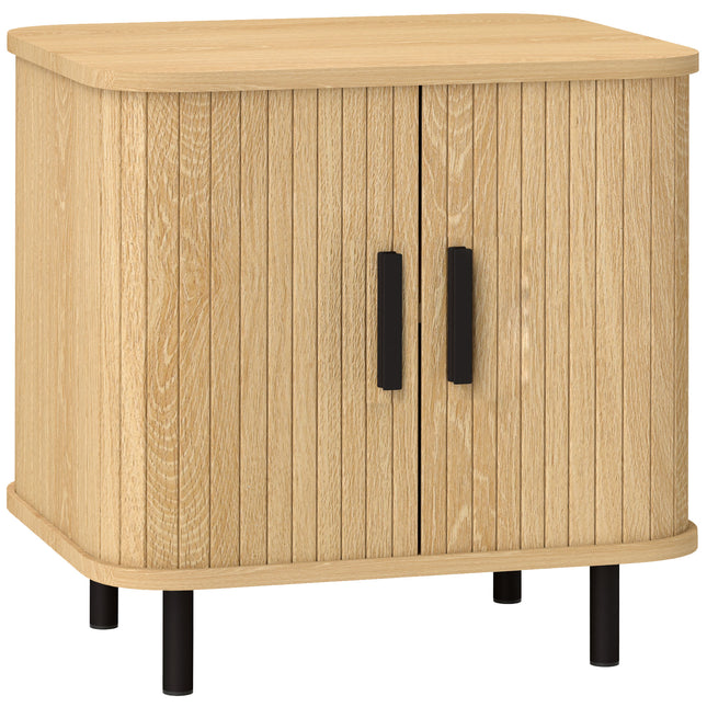 Nordic Bedside Table with Roller Shutter Sliding Doors and Metal Legs - Oak Tone