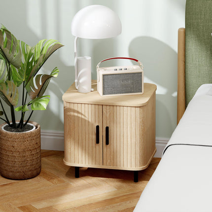 Nordic Bedside Table with Roller Shutter Sliding Doors and Metal Legs - Oak Tone
