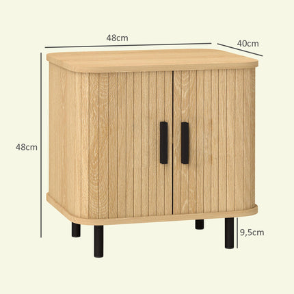 Nordic Bedside Table with Roller Shutter Sliding Doors and Metal Legs - Oak Tone