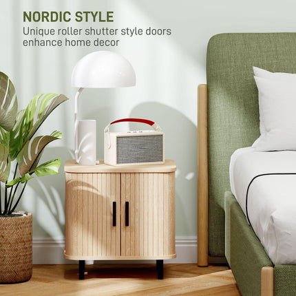 Nordic Bedside Table with Roller Shutter Sliding Doors and Metal Legs - Oak Tone