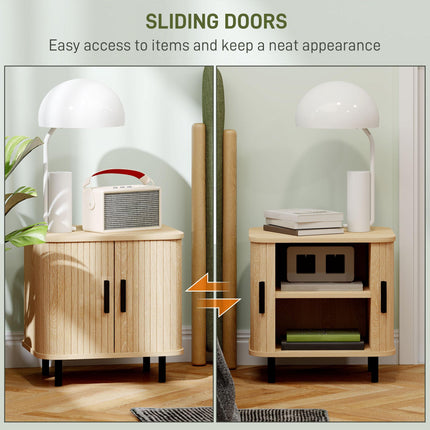 Nordic Bedside Table with Roller Shutter Sliding Doors and Metal Legs - Oak Tone