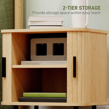Nordic Bedside Table with Roller Shutter Sliding Doors and Metal Legs - Oak Tone