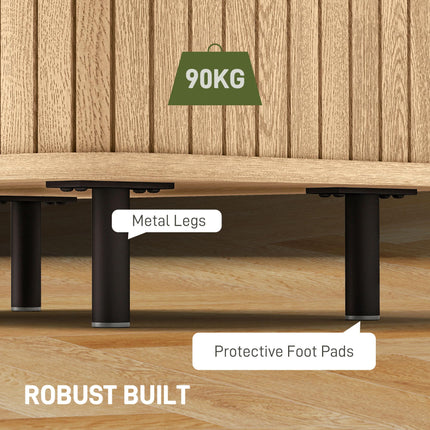Nordic Bedside Table with Roller Shutter Sliding Doors and Metal Legs - Oak Tone