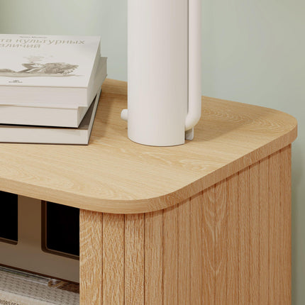 Nordic Bedside Table with Roller Shutter Sliding Doors and Metal Legs - Oak Tone