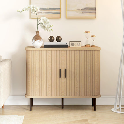 Mid-Century Modern Sideboard Cabinet with Slatted Tambour Sliding Doors and Steel Legs - Oak Tone