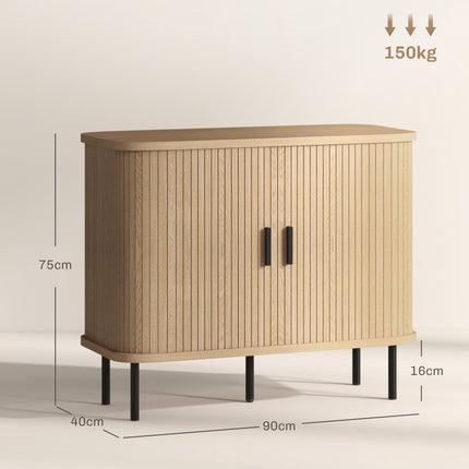 Mid-Century Modern Sideboard Cabinet with Slatted Tambour Sliding Doors and Steel Legs - Oak Tone